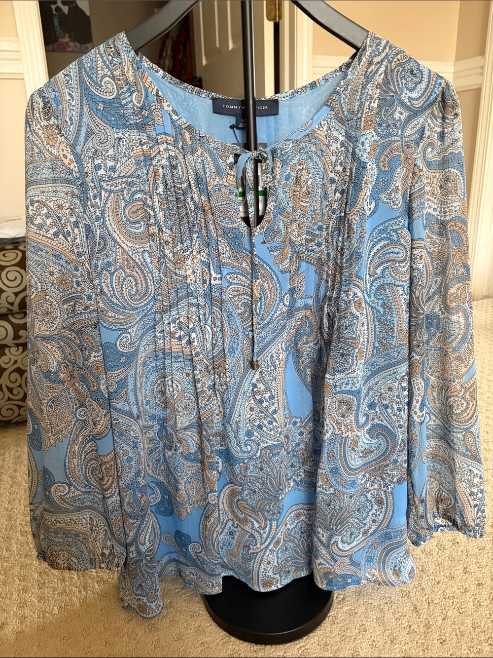 Tommy Hilfiger Light Blue Paisley Tie-Neck Peasant Blouse